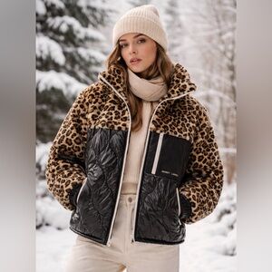 SANDY LIANG Dean Faux-Fur Mixed Leopard Print Fleece Jacket L